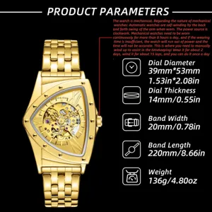 Gouden automatisch mechanisch horloge voor heren, unieke driehoekige wijzerplaat met band.