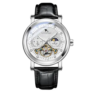 Luxus automatische mechanische Herrenuhr mit Skelett Tourbillon Zifferblatt und Lederarmband.