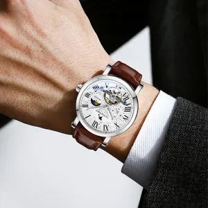 Automatisches Herren-Mechanikuhr mit braunem Lederarmband, Skelettzifferblatt und Mondphase.