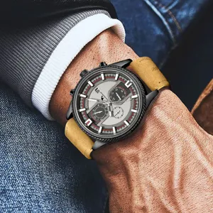 Men multi-function quartz sports watch with brown leather strap and stylish dial.