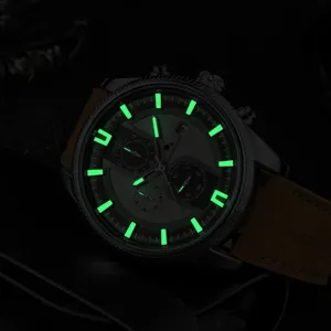 Men luminous automatic mechanical watch with brown leather strap and chronograph dials.