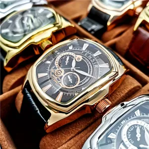 Men's Quartz Watch Tonneau Large Dial Business Casual Waterproof Leather Strap Fashion Wristwatch For Men
