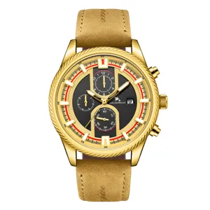 Men gold automatic mechanical watch with brown leather strap, luxury racing sports design.