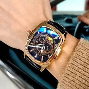 Men's quartz watch with rose gold tonneau case, black strap, and multi-functional dark dial.