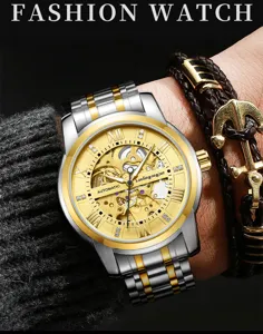 Exquisites Skelett mechanisches Uhr Zifferblatt Detail mit zweifarbigem Edelstahluhrarmband.
