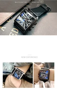 Square dial quartz men watch with leather strap, fashion business luxury wristwatch.