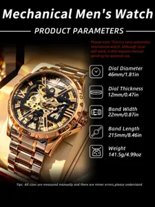 Detailansicht der luxuriösen mechanischen Skelett-Herrenuhr mit 46mm Zifferblatt und Daten.