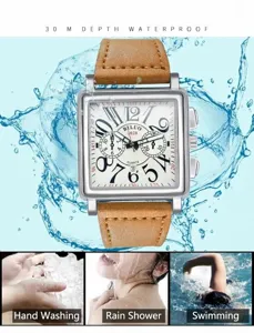 Men square quartz watch with brown leather strap, 30m waterproof daily business wrist watch.