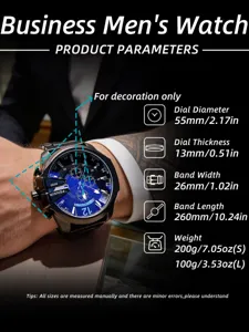 Men's oversized quartz watch with large blue dial, steel band and cool business street design.