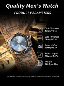 Men's stainless steel watch detail view, 46mm dial size, waterproof and luminous features.
