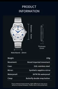 Andriko roloi ZNIDS 41mm me anoxeidoto atsali kai gyali zafirio quartz adiabryhto