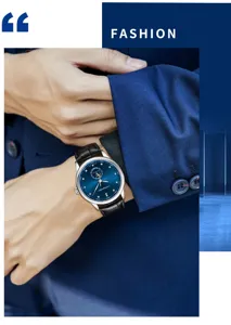 Men automatic mechanical watch with blue dial leather strap luxury business style detail view
