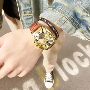 Men mechanical watch luxury tonneau gold case skeleton dial brown leather strap fashion