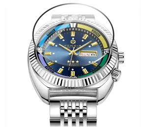 Automatisches mechanisches Herrenuhr mit blauem Zifferblatt und elegantem Edelstahluhrband.