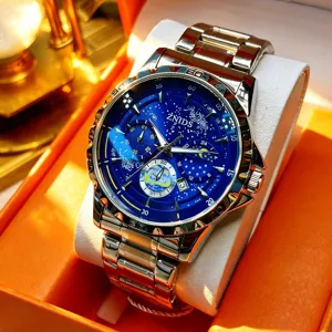Men stainless steel luxury watch with blue starry dial, calendar and metal bracelet.