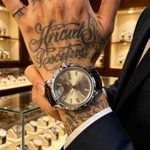 Men's business stainless steel wristwatch with leather strap, diamond indexes and waterproof.