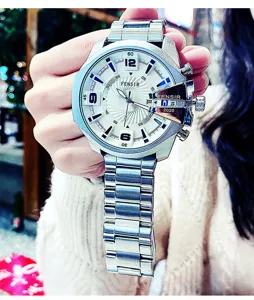 Detailed view of oversized dial men quartz watch with metal strap, stylish business design.