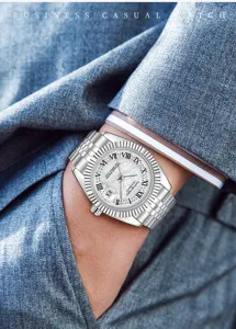Men's Automatic Mechanical Watch Stainless Steel Fluted Bezel Roman Numerals Wristwatch