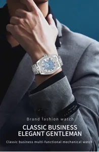 Men's stainless steel mechanical watch with fluted bezel, jubilee bracelet and blue dial.