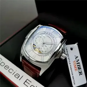 FENSIR men's tonneau quartz watch with white dial roman numerals and brown leather strap detail