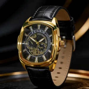 FENSIR Tonneau Quartz Watch for Men Luxury Gold Case Black Dial Leather Strap Casual Wristwatch