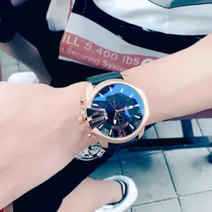 Fensir mens oversized luxury quartz watch with chronograph three sub dials and leather strap.