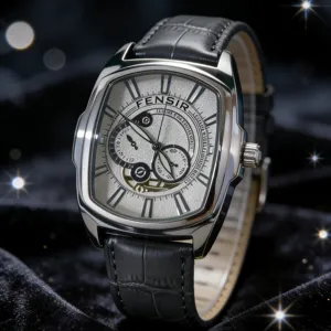 Close-up of FENSIR tonneau quartz men's watch with textured silver dial and black leather strap.