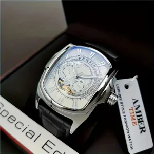 Fensir men quartz watch tonneau large dial leisure style fashion timepiece with leather strap