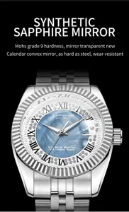 Men's automatic mechanical watch stainless steel fluted bezel sapphire crystal dial