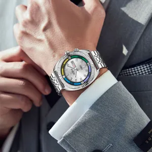 Edelstahl mechanische Herrenuhr mit bunter Lünette und Datumsanzeige für Männer.