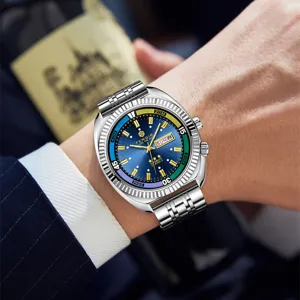 Herren automatische mechanische Uhr mit Edelstahlarmband und blauem Zifferblatt.