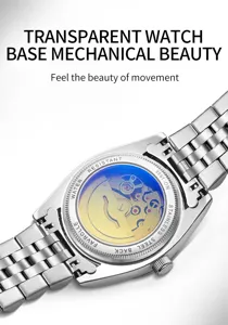 Detailed view of mechanical watch with transparent case back and stainless steel bracelet.