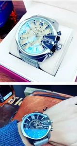 Oversized dial men's quartz watch with unique crown guard, stylish business casual wrist watch.