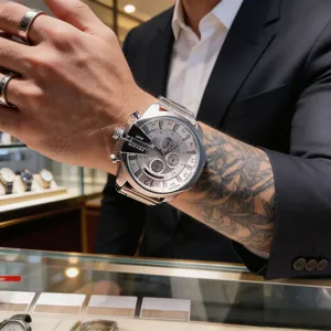 FENSIR oversized chronograph men watch stylish street style metal strap quartz timepiece