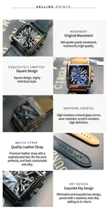 Square quartz watch detail showing premium leather strap and sapphire crystal face.