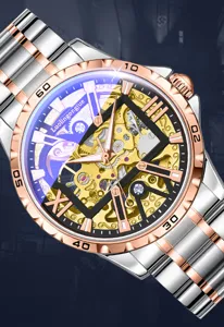 Skelett mechanische Herrenuhr Automatik Luxus Edelstahl Armbanduhr mit römischen Ziffern