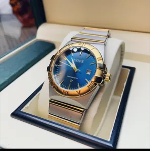Herren Quarzarmbanduhr mit blauem Zifferblatt, römischen Zahlen und zweifarbigem Metallarmband.