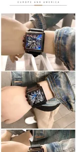 Close-up detail of the stylish square quartz watch worn on wrist with leather strap.