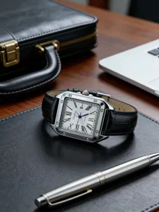 Luxus quadratische Automatik-Uhr mit schwarzem Lederarmband und klassischem Zifferblatt.