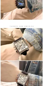 Detailed view of the square quartz watch for men featuring a large dial and leather strap.