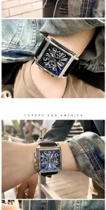Detailed shot of square dial quartz watch with black leather strap worn on wrist.
