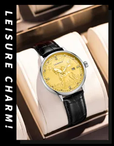 Luxus Herren Automatikmechanikuhr mit gold geschnitztem Pferdezifferblatt und Lederarmband.