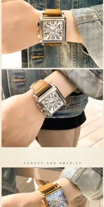 Stylish square quartz watch featuring a brown leather strap and silver case detail view.
