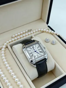 Luxus quadratische Automatikuhr mit schwarzem Lederarmband und weißem Zifferblatt für Paare.