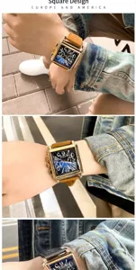 Close-up detail shot of square dial quartz watch with brown leather strap for men styling.