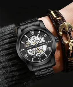 Herren Automatik mechanische Uhr mit skelettiertem Zifferblatt und schwarzem Metallarmband