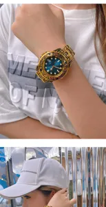 Luxury carved gold quartz wristwatch featuring a gradient blue dial and elegant metal band.