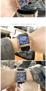 Men square quartz watch with gold case blue dial and black leather strap for fashion style.