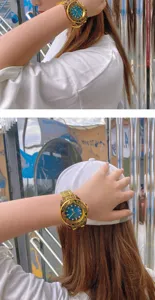 Luxury gold carved quartz watch for men with gradient blue dial and rotating bezel.