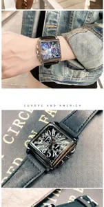 Men's square quartz watch with black leather strap, large dial, and stylish design.